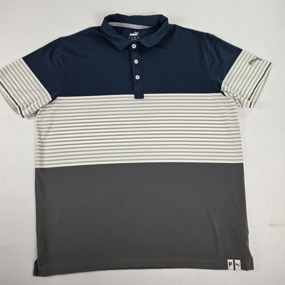 Puma Polo Shirt Mens XL Navy Grey White Excellent Colorblock (T4)